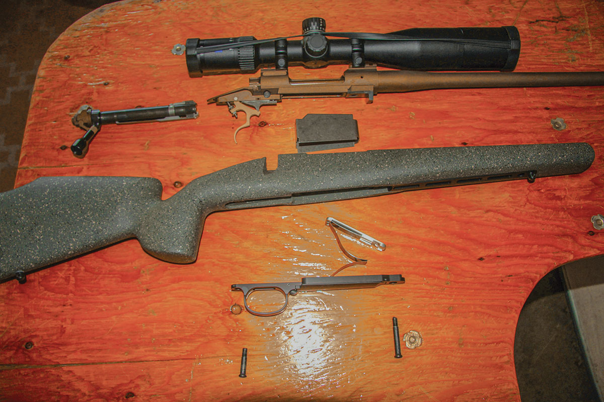 The Montana Rifle Company Highline rifle is shown broken down to its basic parts assemblies. Most of the design concepts are borrowed from the  Winchester pre-’64 Model 70.